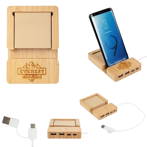 Bamboo Multi-Port Hub with Phone Holder & Stick Notes