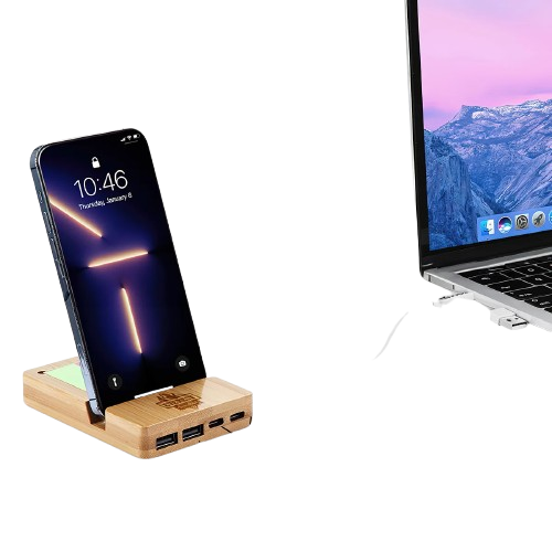 Bamboo Multi-Port Hub with Phone Holder & Stick Notes 